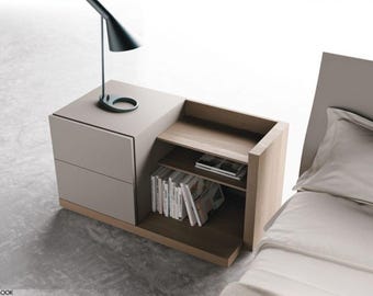 Nightstand - Modern bedside table with oak/walnut veneer, Lacquer finish and 2 drawers