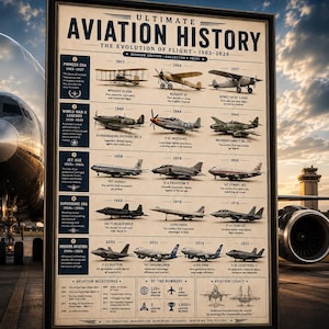 May include: A framed poster titled Ultimate Aviation History: The Evolution of Flight 1903-2026. The print features a chronological grid of historical aircraft illustrations, including the Wright Flyer, Spitfire, Concorde, and F-22 Raptor, with descriptive text.