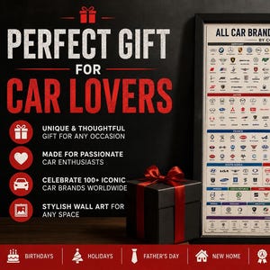 May include: A framed poster with a black border displays car brand logos by country. The text reads "Perfect Gift for Car Lovers." A black gift box with a red ribbon and a black toy car are also present.