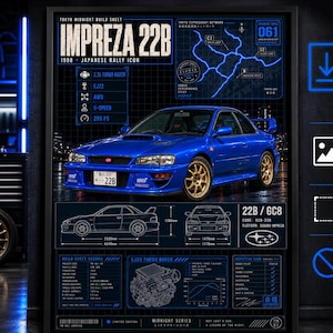 May include: A digital print featuring a blue Subaru Impreza 22B rally car. The poster includes technical specifications, a map of the Tokyo Expressway, engine diagrams, and vehicle dimensions in millimetres. Text includes "IMPREZA 22B" and "INSTANT DIGITAL DOWNLOAD."