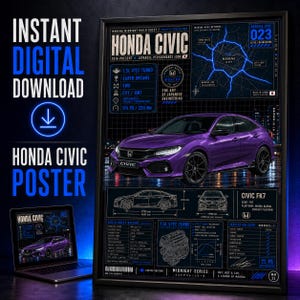 Puede incluir: Un póster enmarcado que muestra un Honda Civic morado con especificaciones técnicas, un mapa de Módena y diagramas de motor. El diseño incluye texto como Honda Civic, 1.5L VTEC Turbo y Civic FK7 sobre un fondo de cuadrícula azul y negro.