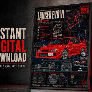 May include: A digital wall art print featuring a red Lancer Evo VI car. The poster includes technical specifications, a map, engine diagram, and the text Lancer Evo VI 1999-2001, CP9A, and Midnight Series. The design uses a black background with red accents.