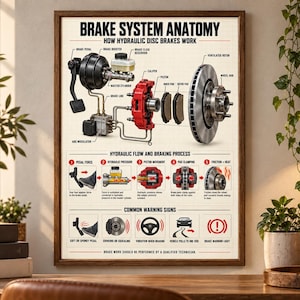 May include: A rectangular wall poster titled BRAKE SYSTEM ANATOMY, featuring a detailed technical diagram of hydraulic disc brakes. It includes labels for components like the brake pedal, master cylinder, red caliper, and ventilated rotor.