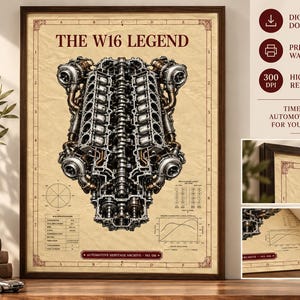 May include: A framed wall art print titled THE W16 LEGEND featuring a detailed technical illustration of a W16 engine on a beige, textured background. The print includes engine specifications, a performance graph, and a grid layout border.