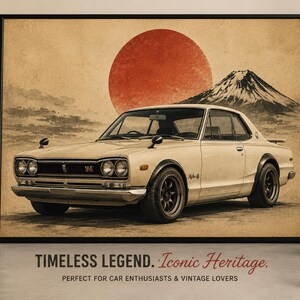 May include: A framed wall art print featuring a vintage cream-coloured coupe car parked in front of a large red sun and a mountain silhouette. The artwork has a textured, aged paper appearance with a classic automotive aesthetic.