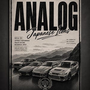May include: A rectangular poster featuring the text ANALOG Japanese Icons. The design includes four vintage Japanese sports cars parked on a mountain road. Additional text reads Built for the back roads, Driven by legends, and The Driving Archive.