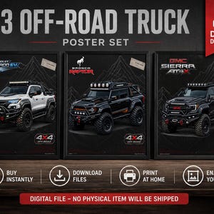 Juego de 3 pósteres imprimibles de camionetas todoterreno: Silverado EV, Bronco Raptor, GMC Sierra AT4X. Descarga digital. Incluye póster extra gratuito de Toyota Land Cruiser.