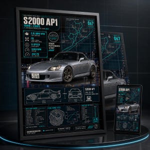 May include: A framed technical poster and a tablet displaying a silver Honda S2000 AP1 sports car. The design features a dark blue grid background with white and cyan text, including engine specifications, a map, and a line drawing of the vehicle.