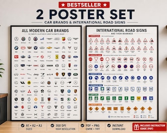 Set di 2 poster stampabili BESTSELLER | Poster delle marche automobilistiche + segnali stradali internazionali | Decorazione per garage | Decorazione per autoscuola | A1 A2 A3 PDF PNG