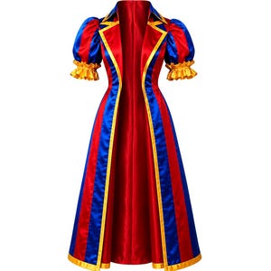Fantasia de Halloween inspirada em Pomni, o Bobo da Corte do Circo Digital. Casaco vermelho e azul de anime.