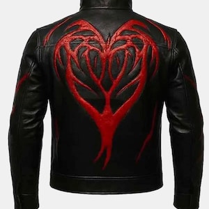 May include: Black leather jacket featuring a red heart-shaped design on the back. The jacket has a stand-up collar and long sleeves. The red design has a tree-like pattern.