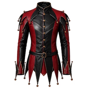 Läder Jester Kostym Herr Röd Svart Harlekinjacka Gotisk Clown Halloween Outfit LARP Rustning