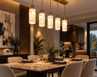 Handgemaakte lineaire albasten hanglamp, moderne albasten lineaire hanglamp, messing keukeneiland kroonluchter, luxe marmeren hanglamp