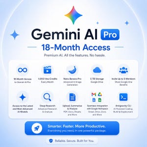 May include: A digital graphic for Gemini AI Pro 18-Month Access. It lists features including 1,000 Veo credits, Nano Banana Pro, 5 TB storage, member sharing, advanced models, deep research, document analysis, Google Workspace integration, and Antigravity CLI.