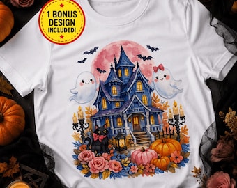 Trendy Haunted House PNG, Watercolor Halloween Sublimation Design, Girly Spooky Season Shirt, Kawaii Ghost PNG, Floral Pink Halloween PNG