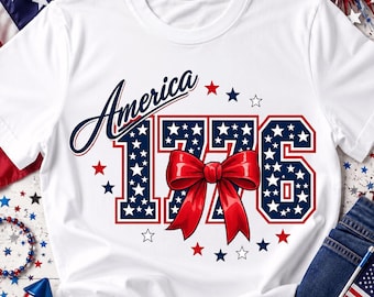 Laço Coquette 1776 América PNG, Sublimação Preppy para o 4 de Julho, Design Patriótico de Camiseta Feminina com Estrelas e Listras, Transferência DTF para o Quatro de Julho