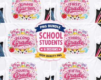 Coquette Back to School PNG Bundle, Girls Pencil Bow School Shirt, Kindergarten 1st 2nd 3rd 4th 5th Grade, Girl School Sublimation DTF