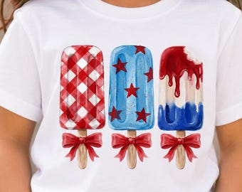 Patriotic Popsicle PNG, 4th of July Ice Cream, Coquette Bow Sublimation Design, Red White Blue Summer PNG (Digital Download)
