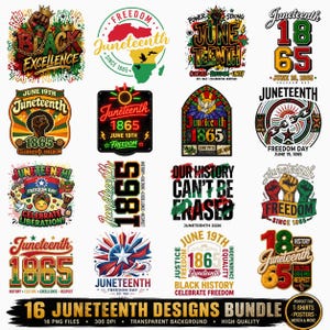 Può includere: Una collezione di sedici design grafici a tema Juneteenth con testi come Black Excellence, 1865 e Freedom Day. Le illustrazioni incorporano simboli come pugni alzati, catene, mappe e colori vivaci in rosso, nero, verde e oro.