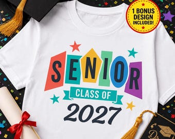 Preppy Senior 2027 PNG, graphique coloré de chemise de remise des diplômes, classe de 2027 PNG, maman senior PNG, sublimation de remise des diplômes de paillettes