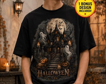 Haunted House PNG, Halloween Haunted Mansion png, Spooky Ghost PNG, Pumpkin png, Black Cat PNG, Halloween Shirt Sublimation Png Design