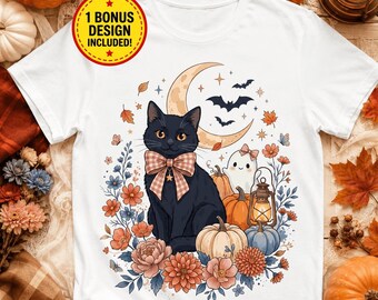 Tendance chat noir Halloween PNG, sublimation coquette vichy noeud, chemise BCBG floral automne, sublimation Girly Halloween Design PNG