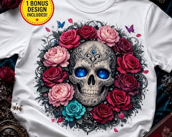 Floral Skull PNG Sublimation, Gothic Rose Skull Shirt DTF, Blue Eye Skull Tumbler, Dark Floral Skull Women, Dia de los Muertos