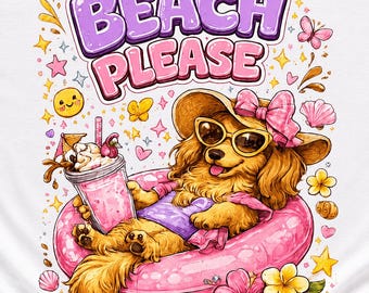 Beach Please PNG, Summer Dog Shirt Sublimation Design, Cute Tropical Vacation Graphic, Pool Float Puppy Art, Pastel Ocean Vibes