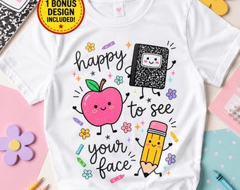 Feliz de ver tu cara PNG, Camiseta Kawaii de útiles escolares para maestros, Cuaderno de Apple Pencil lindo para maestros DTF, Sublimación de regreso a clases