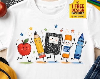 Retour à l'école PNG, Sublimation de fournitures scolaires mignonnes, crayons de couleur kawaii, crayon pomme pour cahier, bâton de colle PNG, enseignant PNG Design, étudiant Png