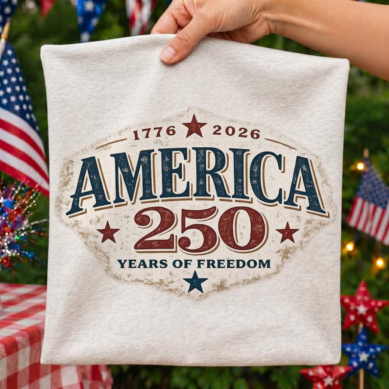 Pu&ograve; includere: Una borsa tote color crema con un design in stile vintage che commemora il 250&deg; anniversario dell'America. Il design include il testo "AMERICA 250 YEARS OF FREEDOM" con gli anni 1776 e 2026 e stelle rosse e blu.