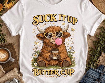 Suck It Up Buttercup Highland Cow PNG, Funny Coffee Cow Sublimation, Cute Groovy Boho Heifer Shirt DTF, Retro Bubblegum Cow Design PNG