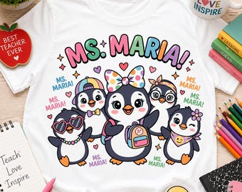 Nom de professeur personnalisé PNG, conception de chemise d'école pingouin personnalisée, fichier de sublimation éducateur mignon, retour à l'école professeur PNG