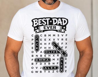 Best Dad Ever Word Search PNG, Custom Kids Names Dad Shirt, Personalized Father's Day Sublimation, Dad Birthday Gift DTF Design