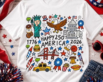 Happy 250 America PNG, 4 juillet 1776 à 2026, sublimation du demi-cinquantième anniversaire, conception de chemise de griffonnage pour enfants des États-Unis, jolie ligne d'horizon patriotique PNG