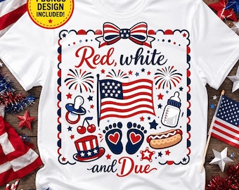 PNG "Vermelho, Branco e a Caminho", Anúncio de Gravidez para o 4 de Julho, Camiseta de Maternidade Sublimada, Revelação do Bebê no 4 de Julho, Presente para Futura Mamãe