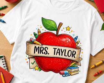 Nom de professeur personnalisé PNG, conception personnalisée Apple professeur PNG, cadeau de remerciement pour professeur DTF, sublimation de professeur de rentrée des classes