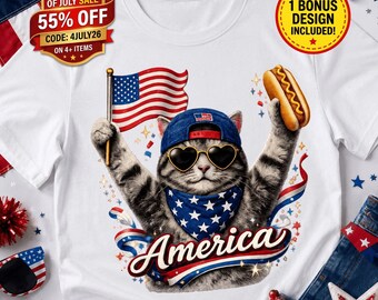 Patriotic Cat PNG, Funny 4th of July Cat America Shirt, Cat Hot Dog Sublimation DTF Design, USA Cat Lover Independence Day Png