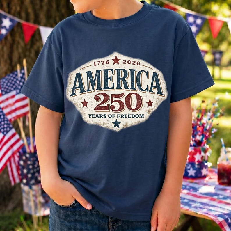Pu&ograve; includere: T-shirt blu navy con grafica invecchiata che celebra il 250&deg; anniversario dell'America. Il design include la scritta "AMERICA 250", gli anni "1776 2026" e "YEARS OF FREEDOM". La maglietta &egrave; indossata.
