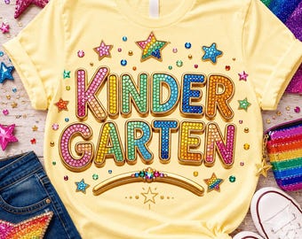 Jardin d'enfants strass PNG, Sublimation faux bling retour à l'école, conception de chemise colorée bijou enseignant, bijou 3D premier jour graphique étudiant