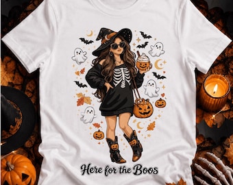 Here for the Boos PNG, Funny Doll Face Halloween PNG, Spooky Doll Halloween Shirt, Witch Skeleton Sublimation, Cute Halloween DTF Design