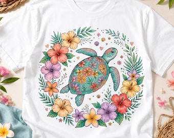 Boho Floral Sea Turtle PNG, Tropical Flower Turtle Sublimation, Beach Shirt Design DTF, Nautical Turtle Wreath PNG, Hibiscus Turtle Shirt