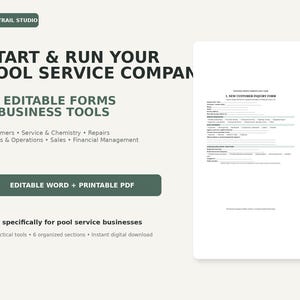 May include: A digital product set titled Start & Run Your Pool Service Company featuring 75 editable forms and business tools. The document includes a New Customer Inquiry Form, organised sections for service, repairs, and financial management.