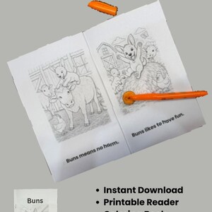 Könnte beinhalten: Ein ausdruckbares Malbuch mit Sichtwörtern namens Buns, das schwarz-weiße Strichzeichnungen von Bauernhoftieren zeigt. Die Seiten enthalten den Text Buns means no harm und Buns likes to have fun, mit einem orangefarbenen Stift auf dem Buch.