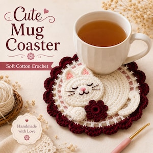 Peut inclure: Un dessous de verre rond en crochet représentant un chat blanc endormi avec des oreilles roses et une fleur rouge foncé. Le dessous de verre a une bordure festonnée rouge foncé et un centre en treillis blanc. Le texte indique Cute Mug Coaster, Soft Cotton Crochet, Handmade with Love.