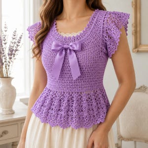 Lavender Crochet Peplum Top Pattern, Pineapple Lace Blouse, Flutter Sleeve PDF (Digital Download)