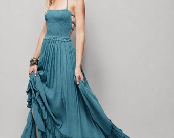 Boho Beach Maxi Dress Women Backless Cotton Dress Hippie Summer Dress Vacation Outfit Flowy Bohemian Resort Wear