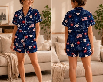 Patriotic Pajama Set for Women, Fireworks Sleepwear, USA Celebration Pajamas, Red White Blue Lounge Set, Holiday Family PJs