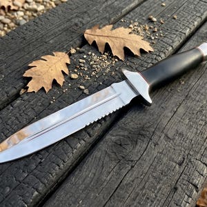 May include: A fixed-blade knife with a polished silver steel blade featuring a serrated edge and a central fuller. The handle is smooth black material with a silver metal bolster and pommel cap, designed for a secure grip and balanced utility.
