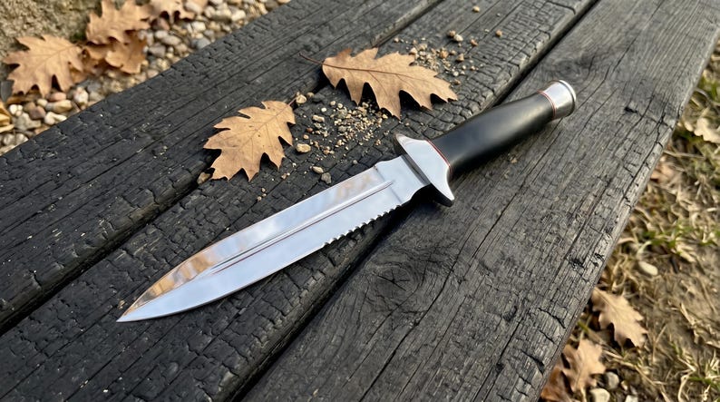 May include: A fixed-blade knife with a polished silver steel blade featuring a serrated edge and a central fuller. The handle is smooth black material with a silver metal bolster and pommel cap, designed for a secure grip and balanced utility.